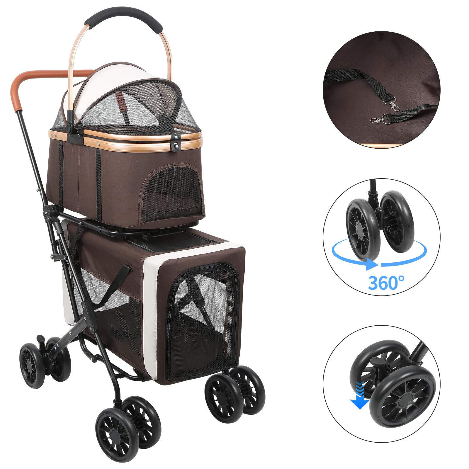 OHMG 3 en 1 Poussette Pliable à 2 étages avec fenêtre en maille et porte-gobelet, pour animaux de compagnie jusqu'à 16 kg, pour 2 petits chiens, chats,4 Roues