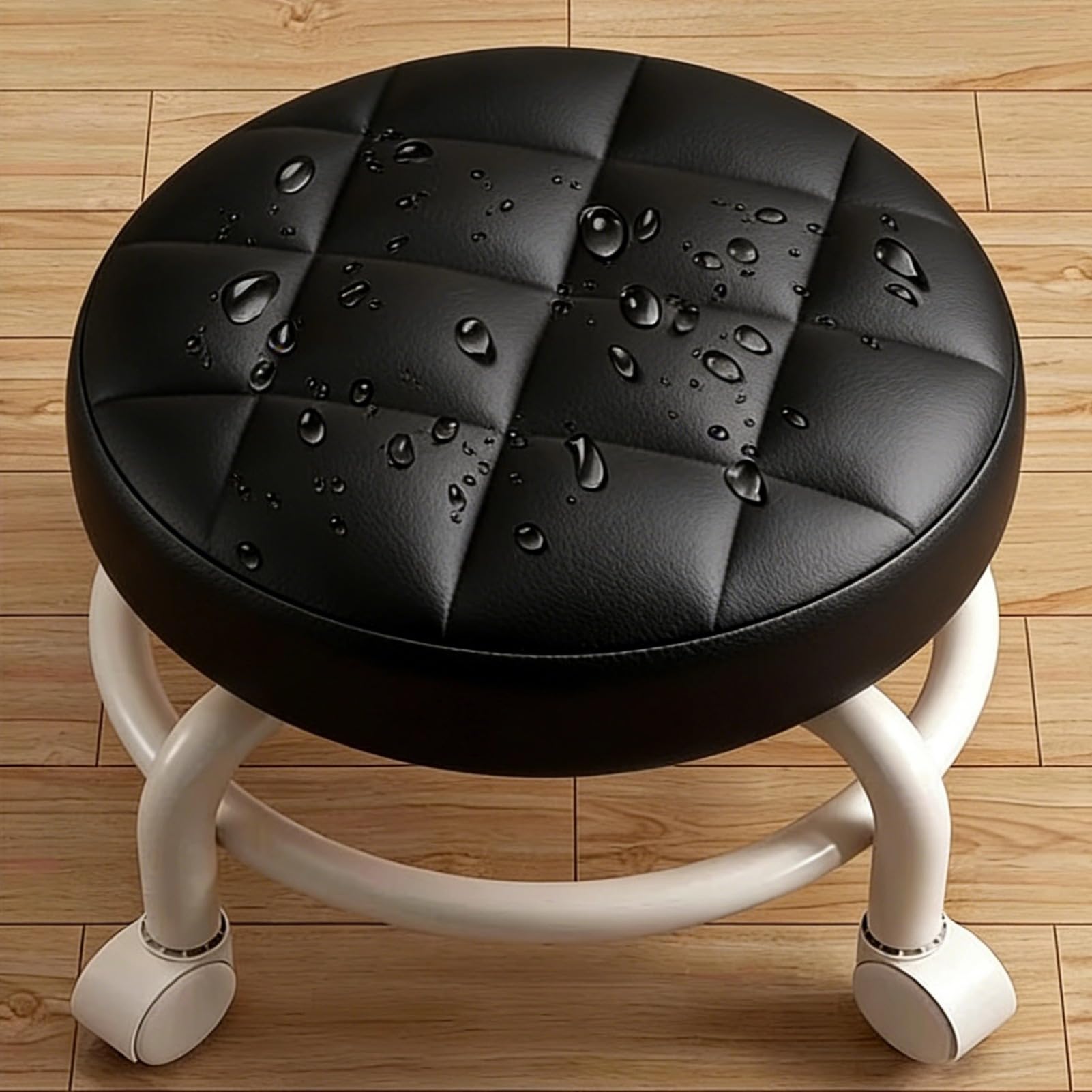 ZJchao Tabourets Bas à roulettes Universels Pivotants à 360° en Cuir, Siège Rond à roulettes, pour la Maison, Le Bureau, Le Garage, L'atelier, Le Fitness (Black)