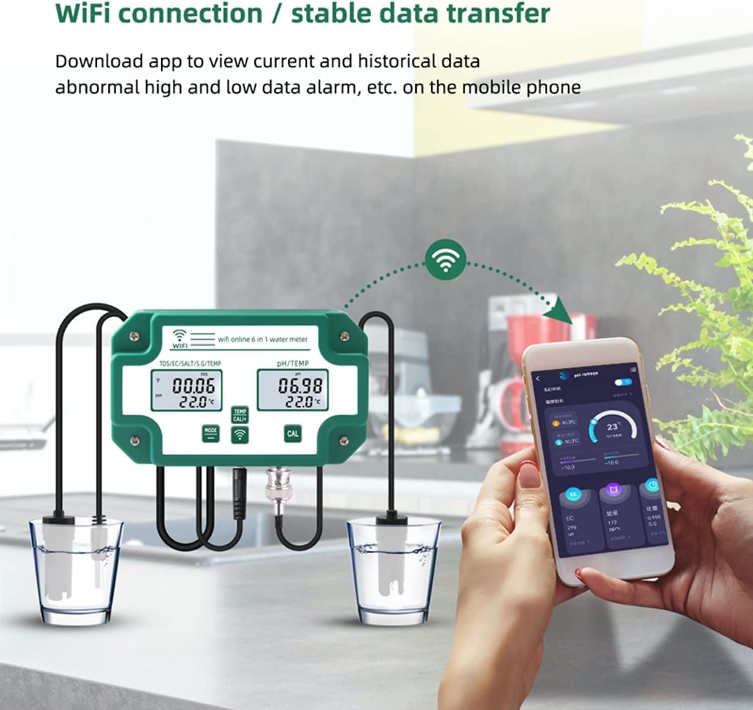 Probador de calidad del agua 6 en 1, monitor de calidad del agua inteligente WiFi, medidor de prueba de temperatura PH EC TDS (PPM) Salt SG, control de aplicaciones, probador de montaje en pared