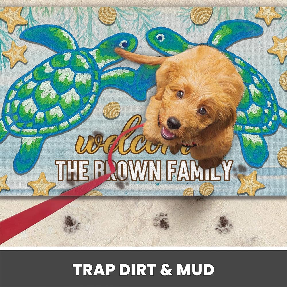 Personalized Sea Turtle Doormat for Beach House – Non-Slip Coastal Entry Rug with Two Turtles and Starfish – Custom Nautical Welcome Mat for Front Door, Bathroom, Porch, or Ocean-Themed Summer Decor