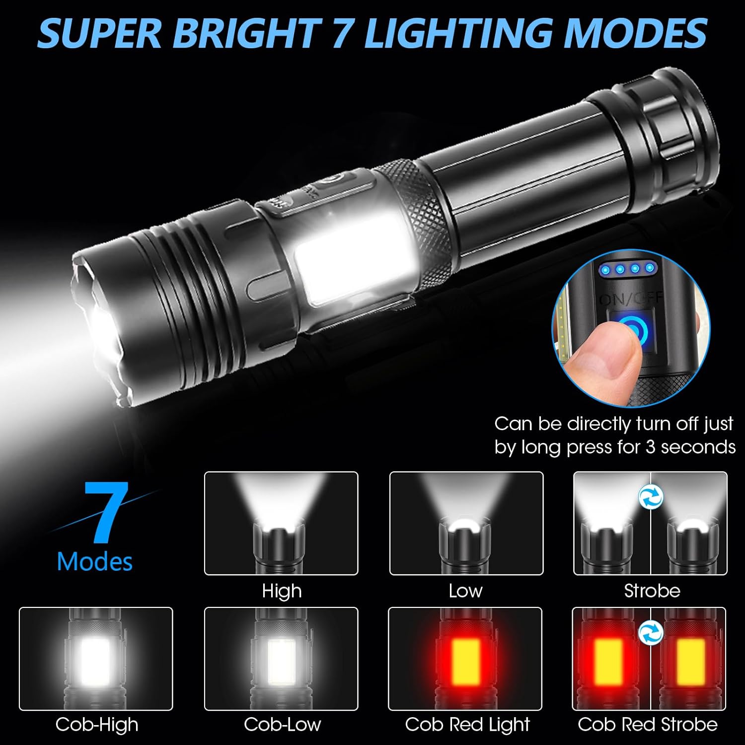 Rechargeable Flashlights High Lumens, 5000mAh Super Bright Flash Light, 7 Mode with Side Work Light, Red Light Tactical Flashlight, High Powered Linternas LED Flash Light for Home Camping Emergency