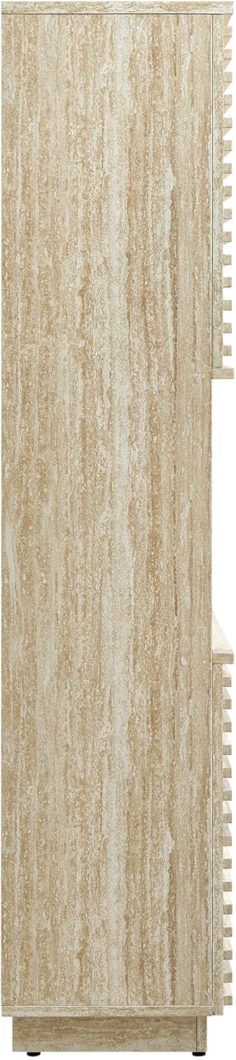 Modway Render Faux Travertine Tall Bathroom Storage Tower in Travertine - 63 Inch Storage Cabinet with Open Shelves and 4 Soft-Close Doors - Freestanding Kitchen Pantry