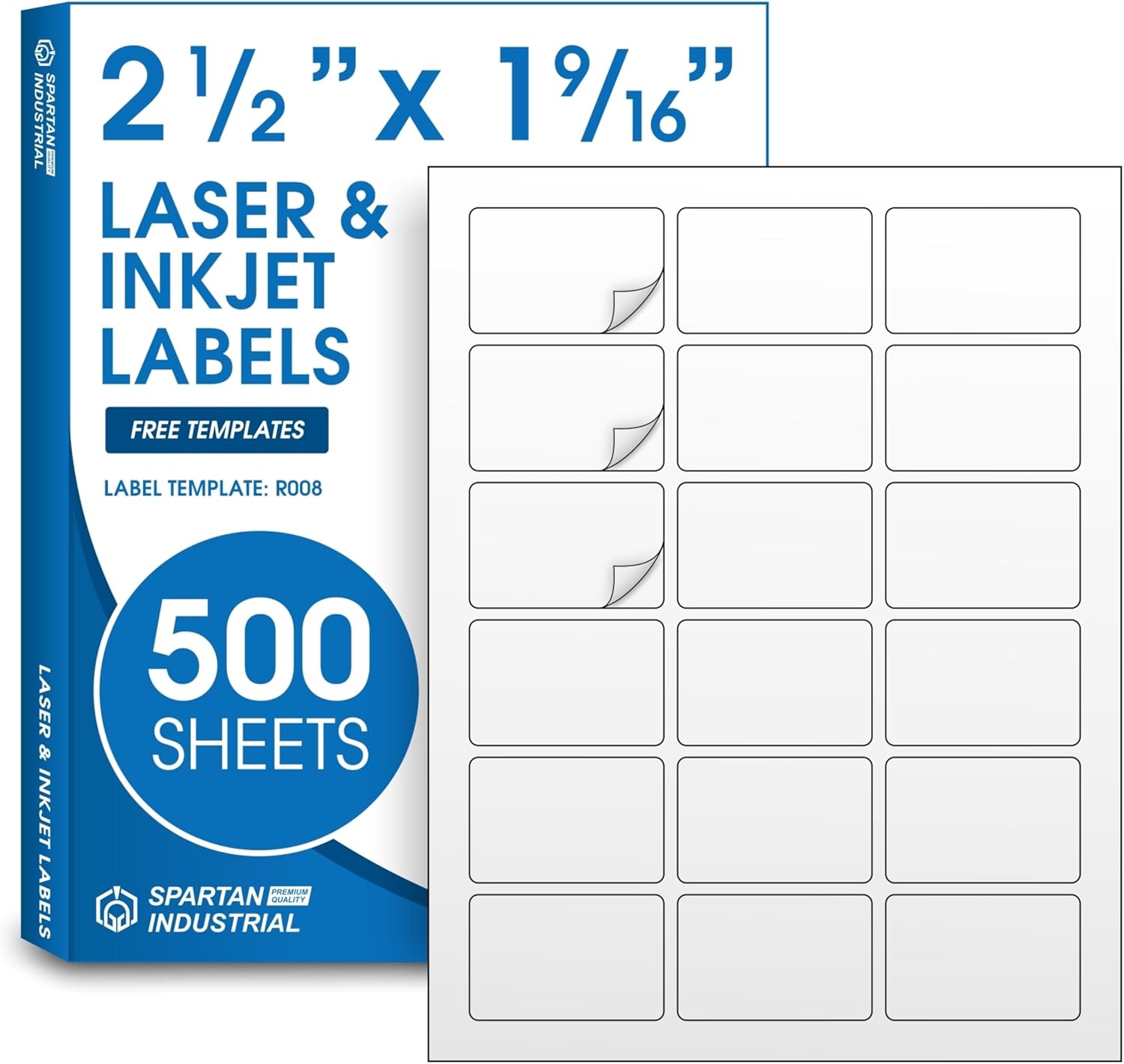 2.5" X 1.563" Matte White Printable Product Labels (250 Sheets, 4500 Stickers) Bottle and Jar Labels, Packaging Stickers for Laser & Inkjet Printers - Spartan Industrial Template R008