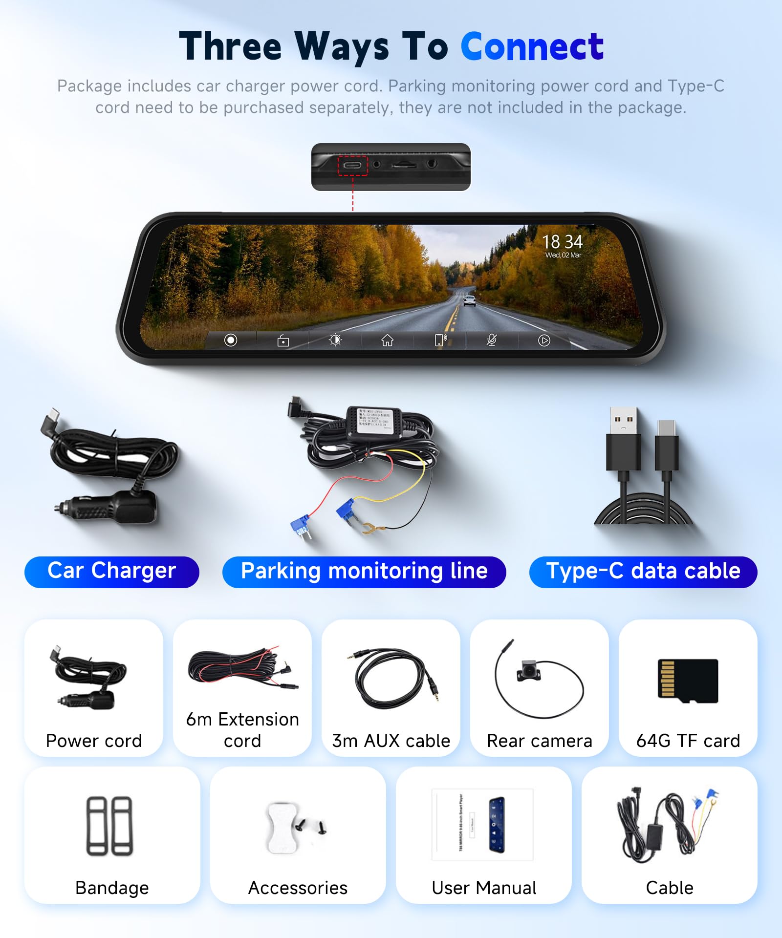 9.66‘’ 1080P Dashcam Rétroviseur avec Carplay & Android Auto, Caméra Embarquée 1080p, Carte TF 64 Go, Enregistrement 24h/24, WDR, Vision Nocturne, Commande Vocale
