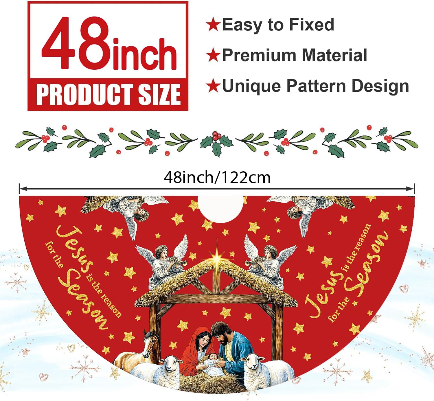 Nativity Christmas Tree Skirt Jesus is The Reason for The Season Decorations Xmas Red Tree Mat 48 Inch Winter Christmas Decor for Home