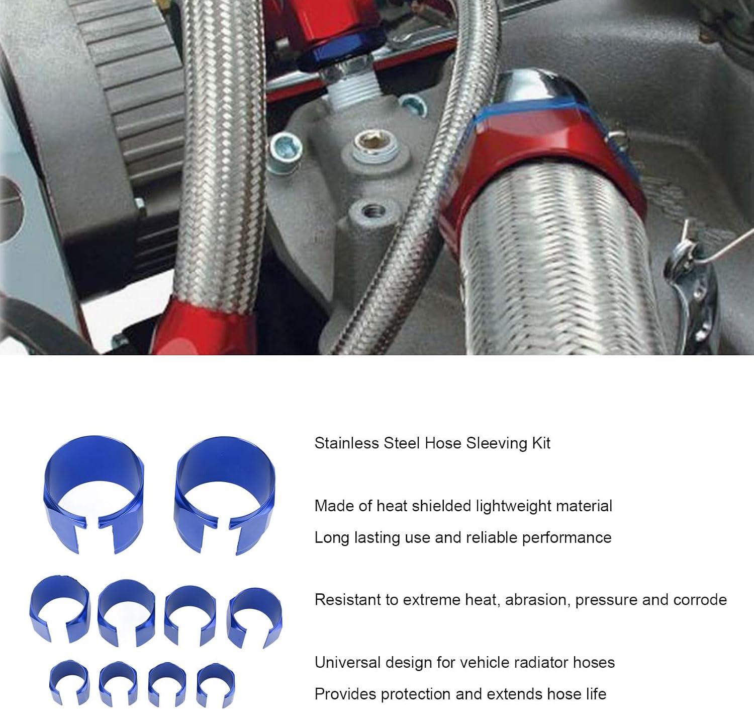 Stainless Steel Braided Dress Up Hose Cover Kit, Extreme Heat Resist Flexible Stainless Steel Hose Cover Kit Radiator Hose Sleeving Kit Easy Installation for Vehicle (Blue)