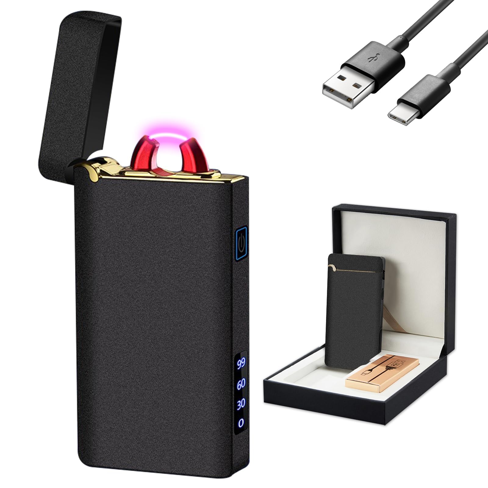 GADATOP Cool Lighter Arc Plasma Lighters Rechargeable USB-C Lighter Fire Lighters High Power Windproof Flame Metal Body With LED Light Power Display For Candle Fireplace Camping (Matte Black) — image 1
