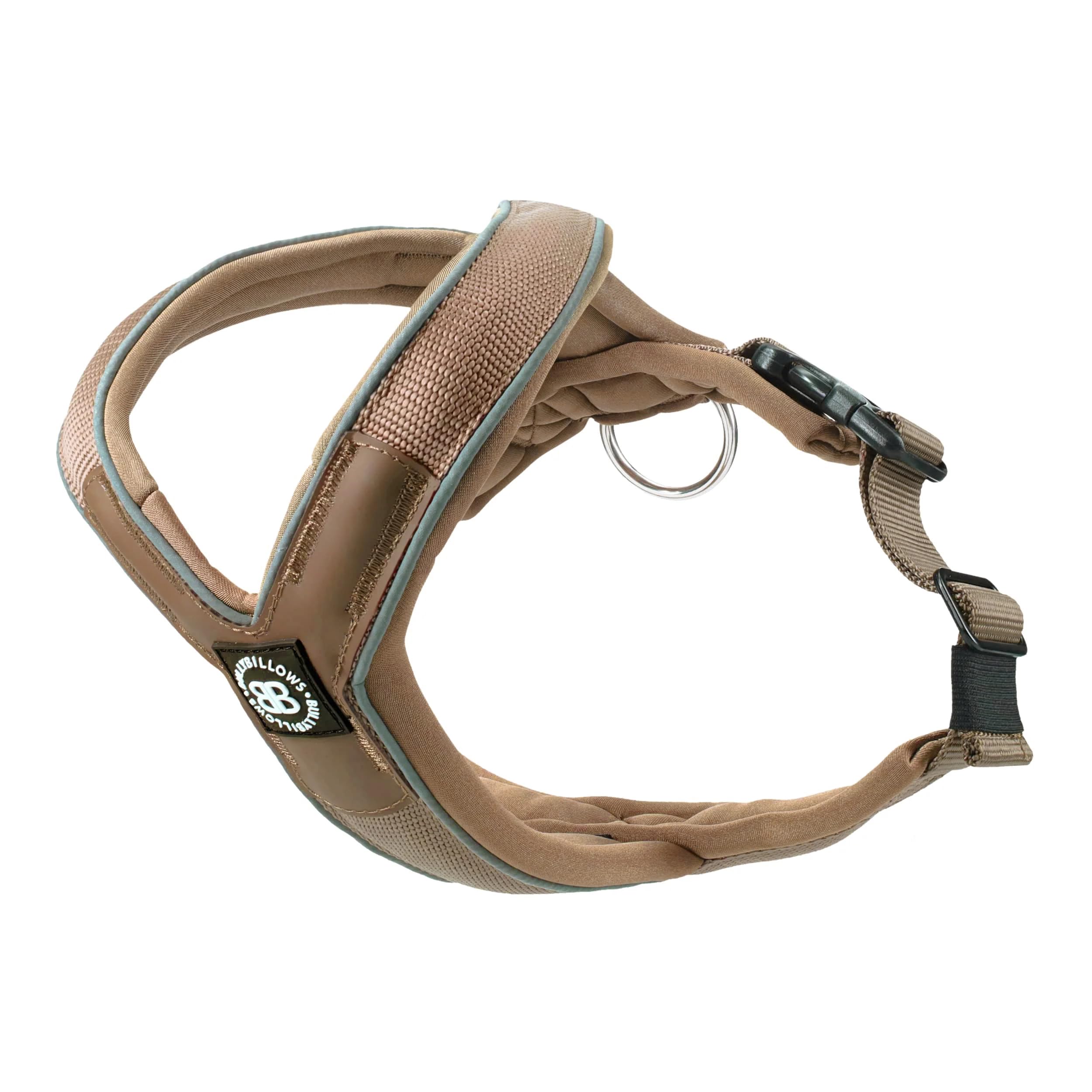 BullyBillows Slip-On Dog Harness - Foam Padded, Neoprene-Lined, Adjustable, Non-Restrictive Y-Shape with Reflective Strips & Stainless Steel D-Loop |Military-Tan | X Small