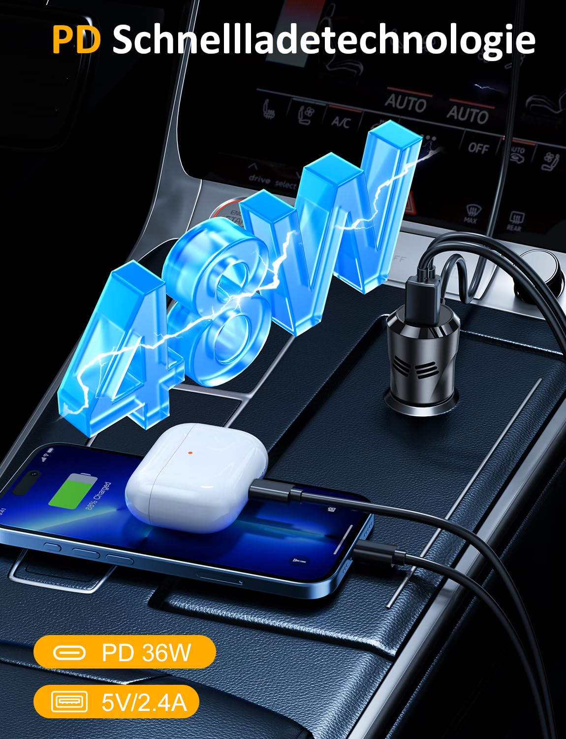 FM Transmitter Auto Bluetooth 5.4, 36W PD-Schnellladen & Handyhalterung | Bluetooth Adapter Auto Zigarettenanzünder, Starkes Mikrofon, HiFi-Bass-Sound, Freisprechanlage, Unterstützt Aux/TF Karte