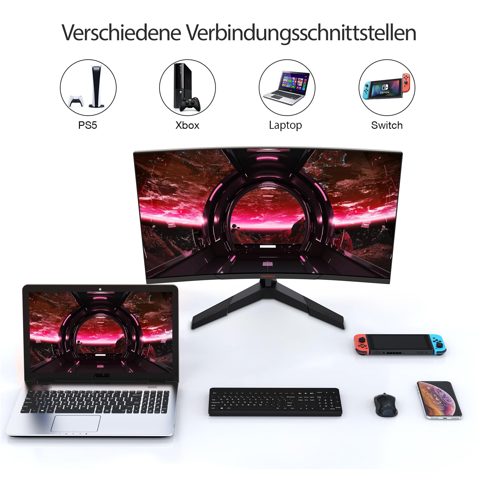KOORUI Monitor gamingowy, 27”, zakrzywiona powierzchnia ekranu 1800R o rozdzielczości 2560 x 1440 (QHD), 144 Hz, 1 ms, DCI-P3 85%, ultracienka przysłona, regulowane nachylenie, obsługuje HDMI/DP