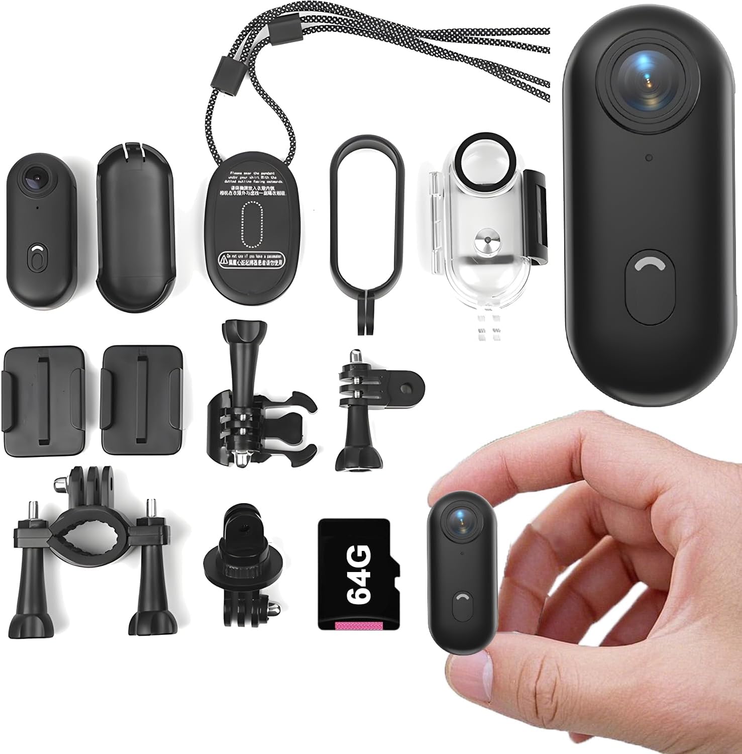 Small 4K Mini Body Thumb Camera, Wearable Action Body Cam, Sports Micro Action Cam, Magnetic Fishing Necklace for Chest, for Work, Travel, Fishing, Pet Walking (4K Black-64G)