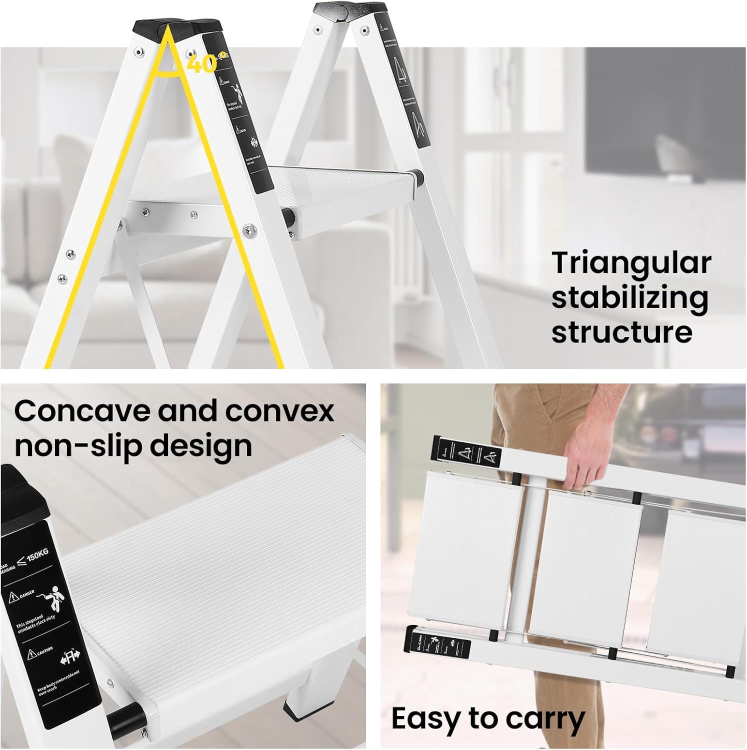 FAHKNS White 3 Step Ladder, Aluminum Light Folding 3 Step Stool with Non-Slip Wide Pedal (7.9Inch), 330Lbs Capacity Stepping Stool for Office,Household,Kitchen