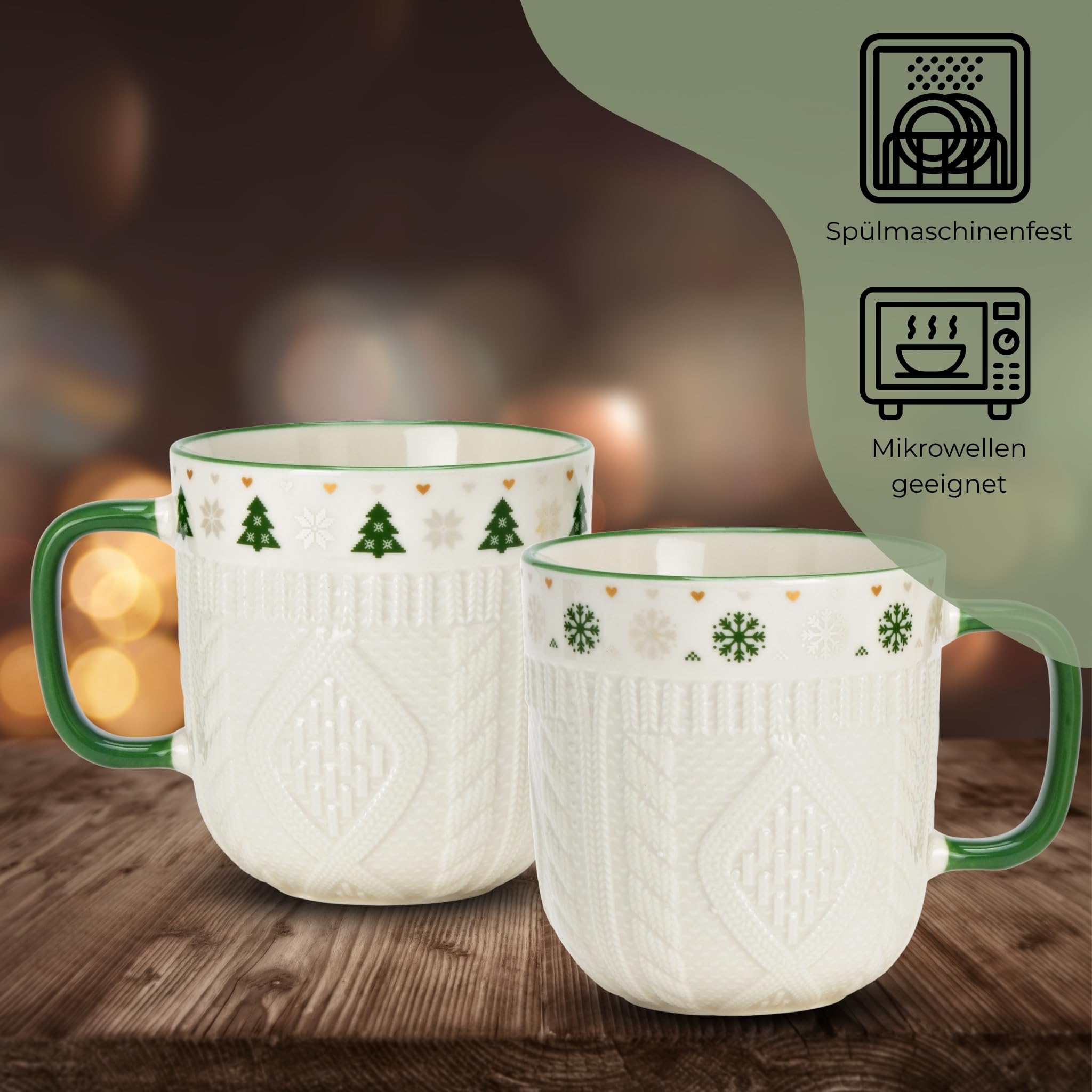 Kaffeetassen 36er Set weiß mit grünem Henkel - Weihnachts-Tassen mit Strickmuster Porzellan 345 ml