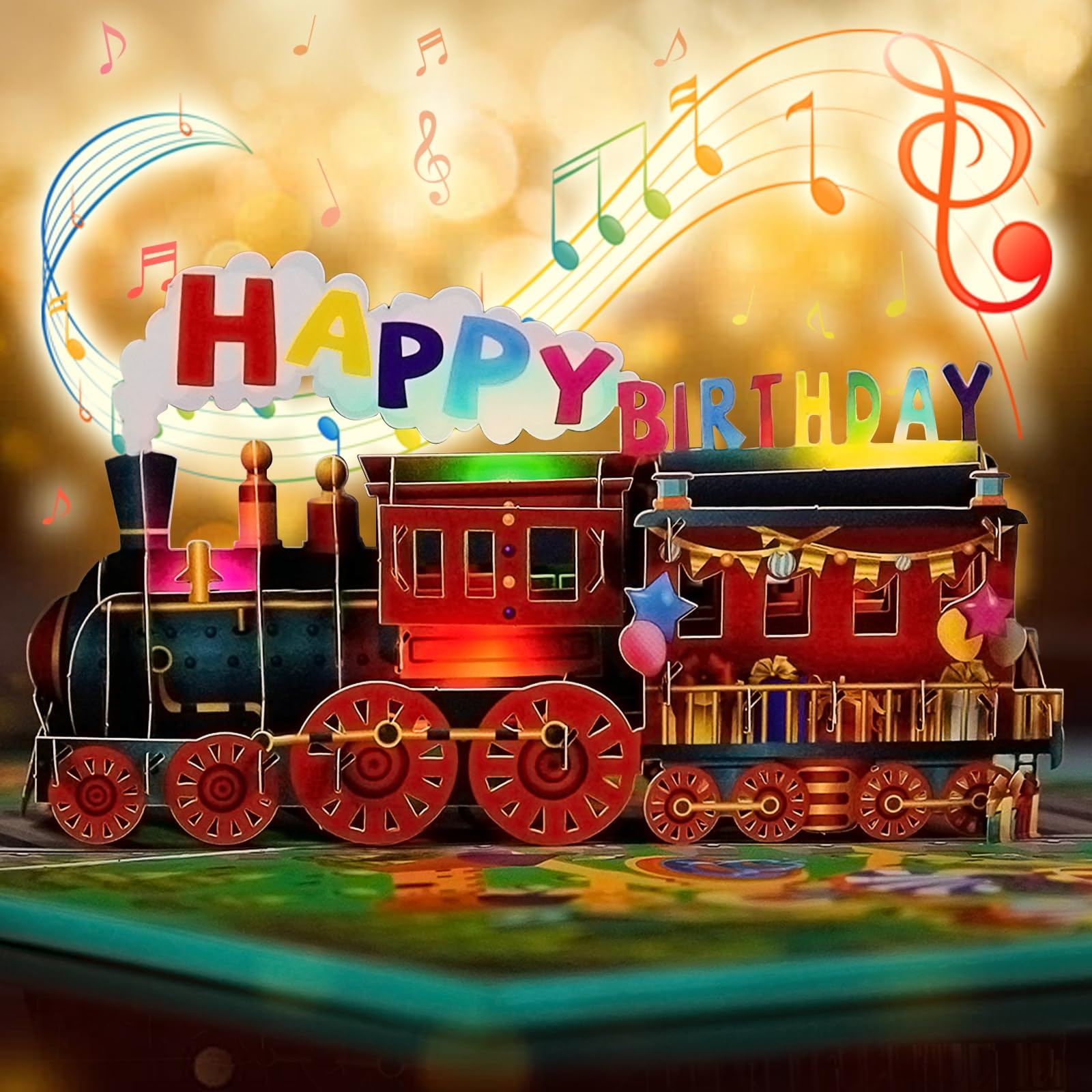 FaCraft Train Musical Birthday Cards for Kids - Music and Light, 3D Pop Up Happy Birthday Cards with Envelope Blank Insert for Boys Women Men Girls