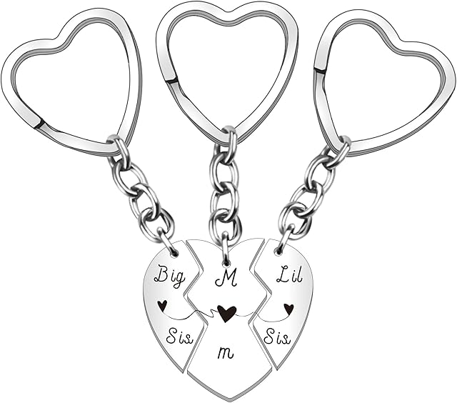 HULALA 3 PCS Mum Big Little Sis Set Keyring Heart to Heart Puzzle Women Engraved Keychain for Mother Daughter Birthday Christmas Family Gifts