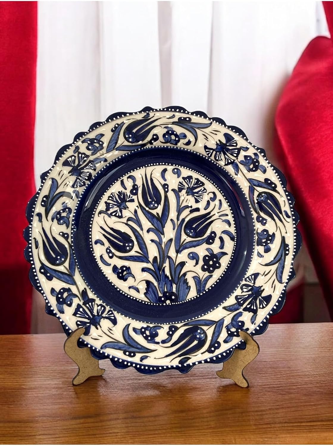 SODEF Handmade Kutahya Ceramic Tile Plate 25cm Tulip Motif, Blue and White Decorative Dish, Modern Turkish Art, Single Piece - Blue