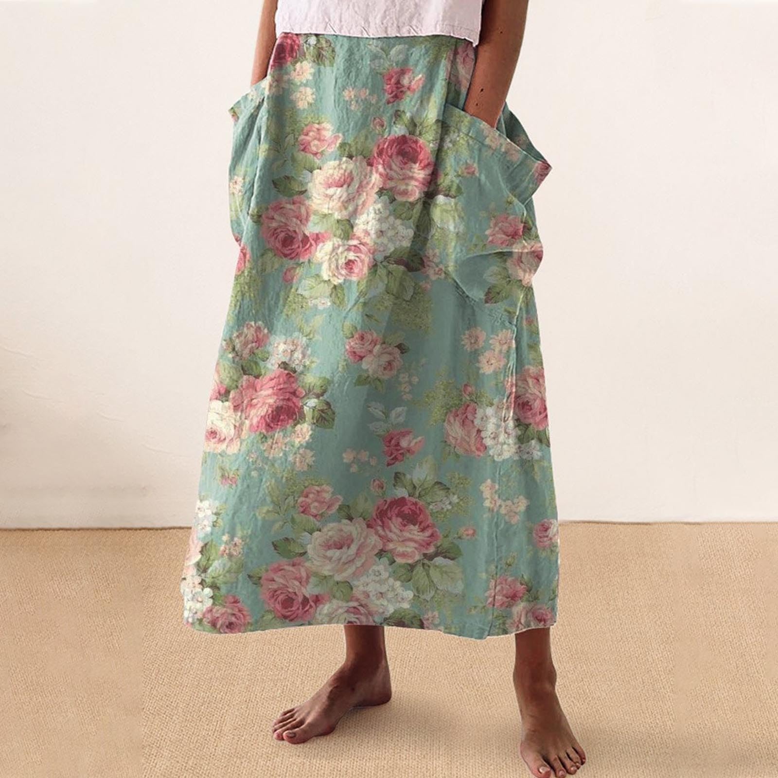 Jupe imprimée en lin pour femme - Robe décontractée tendance - Jupe à taille élastique avec poche - Motif floral - Jupe de maternité grande taille pour femmes et filles - À porter à la maison ou
