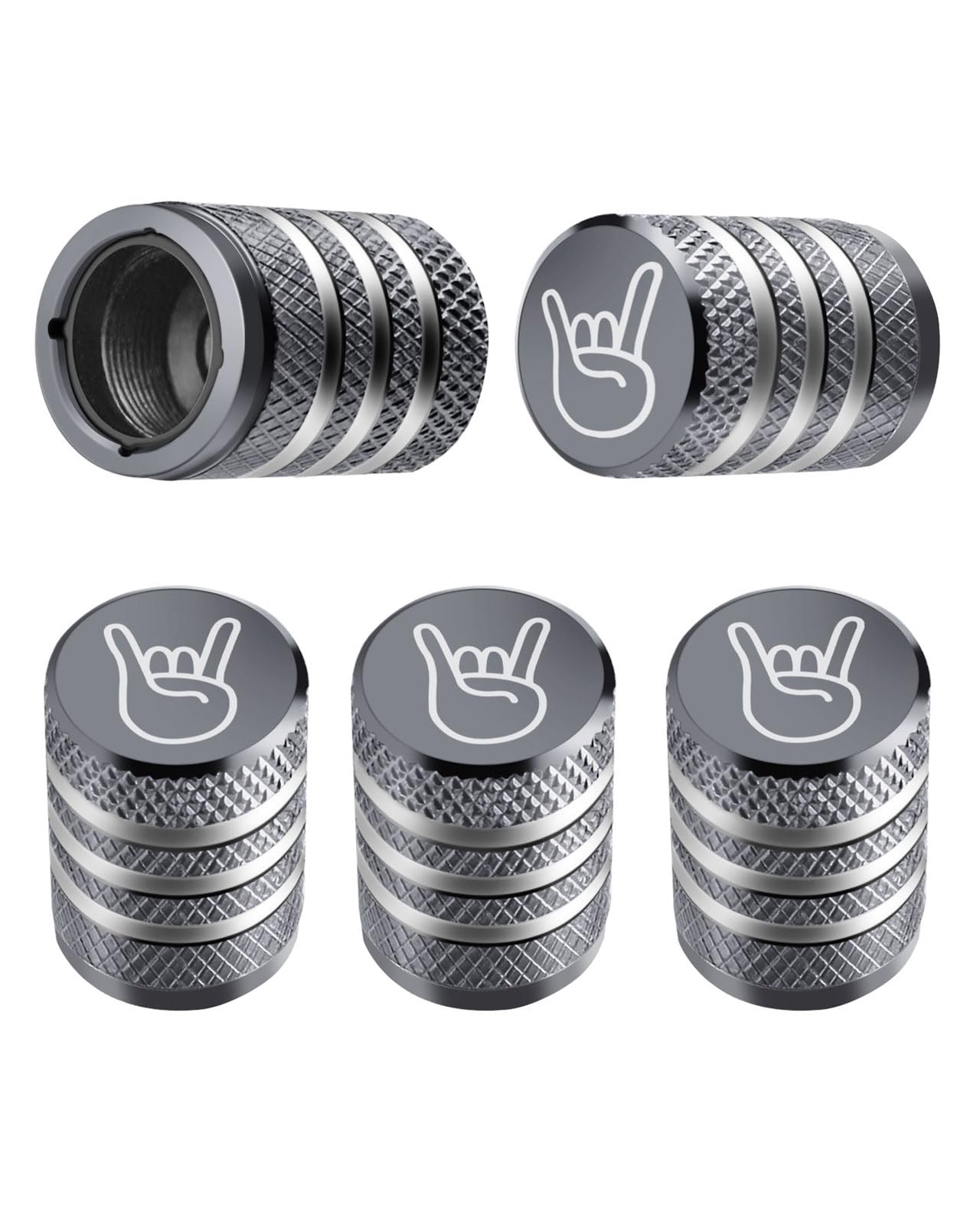 Tire Valve Stem Cap Cover - (5 Pack) Tire Air Cap Metal with Plastic Liner Corrosion Resistant Leak-Proof Rock and Roll for Car Truck Motorcycle Bike Grey