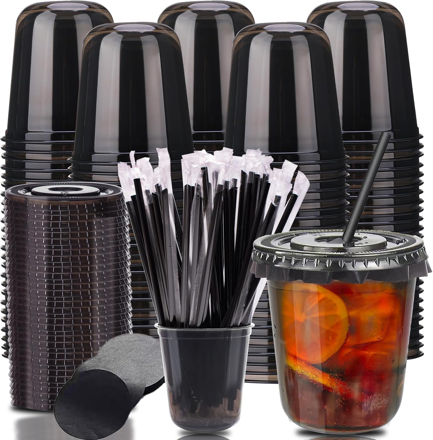 12oz Disposable Stemless Glasses with Flat Lids and Straws,PET Disposable Drinking Cups,Clear Plastic Wine Glasses for Parties Birthday,Wedding,Meeting,Christmas Party Supplies. (100, Black)