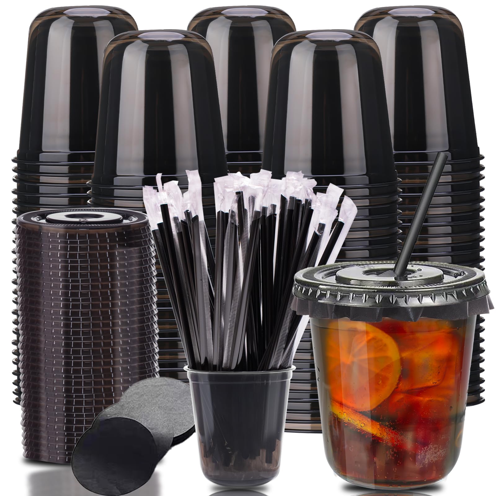 Photo 1 of 12oz Disposable Stemless Glasses with Flat Lids and Straws,PET Disposable Drinking Cups,Clear Plastic Wine Glasses for Parties Birthday,Wedding,Meeting,Christmas Party Supplies. (100, Black)