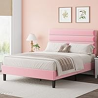 Vista 8 de Base de cama tamaño Queen con cabecero tapizado en terciopelo, base de cama plataforma tamaño Queen con soporte de listones de madera, no requiere
