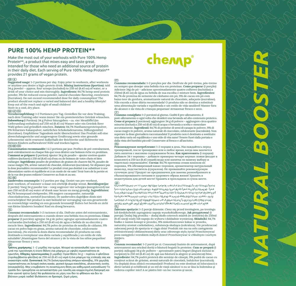 Chemp Pure 100% Hanf Protein Pulver Schokolade - Proteinpulver Vegan - Glutenfrei - Ohne Soja | 30 x Portionen - 1020g - Double Rich Chocolate - Mit Süßungsmittel