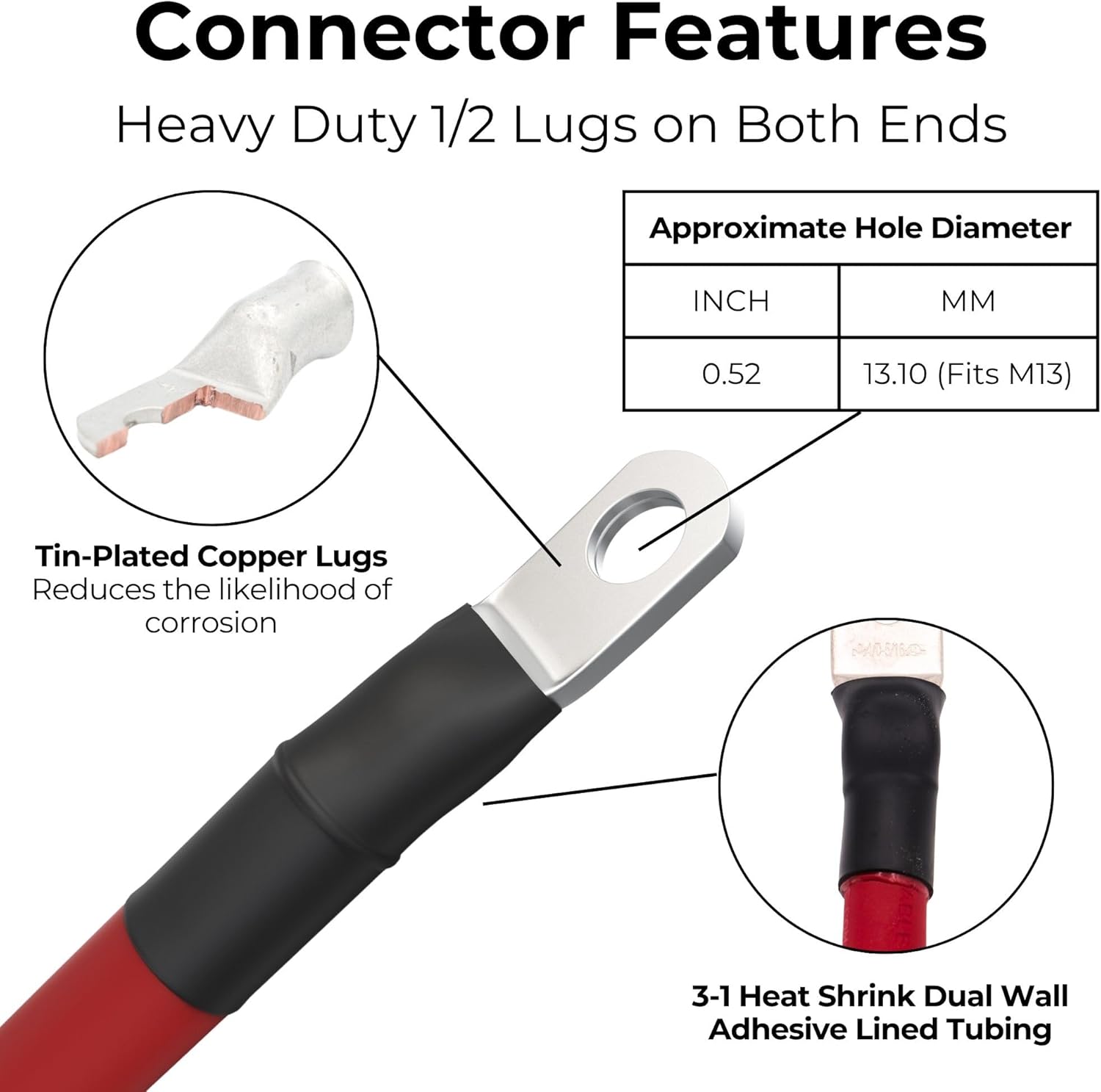 1/0 AWG Battery cable with Terminals, Pure Copper Wire, Auto, Solar Inverter, Welding, Golf Cart Battery Cable, Lawn Mower, Motorcycle (Red Wire, 8 FT (96 in), 1/2" Lugs on Both Ends, 1pc)