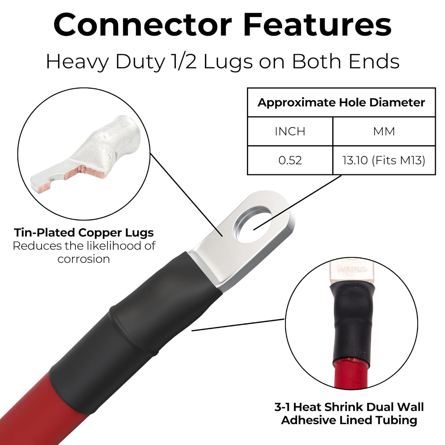 2/0 AWG Battery Cable with Terminals, Pure Copper Wire and Tin-Plated Copper Lugs, Auto, Solar Power Inverter, Welding, Golf Cart, Motorcycle (Red Wire, 2 FT (24 in), 1/2" Lugs on Both Ends, 1pc)
