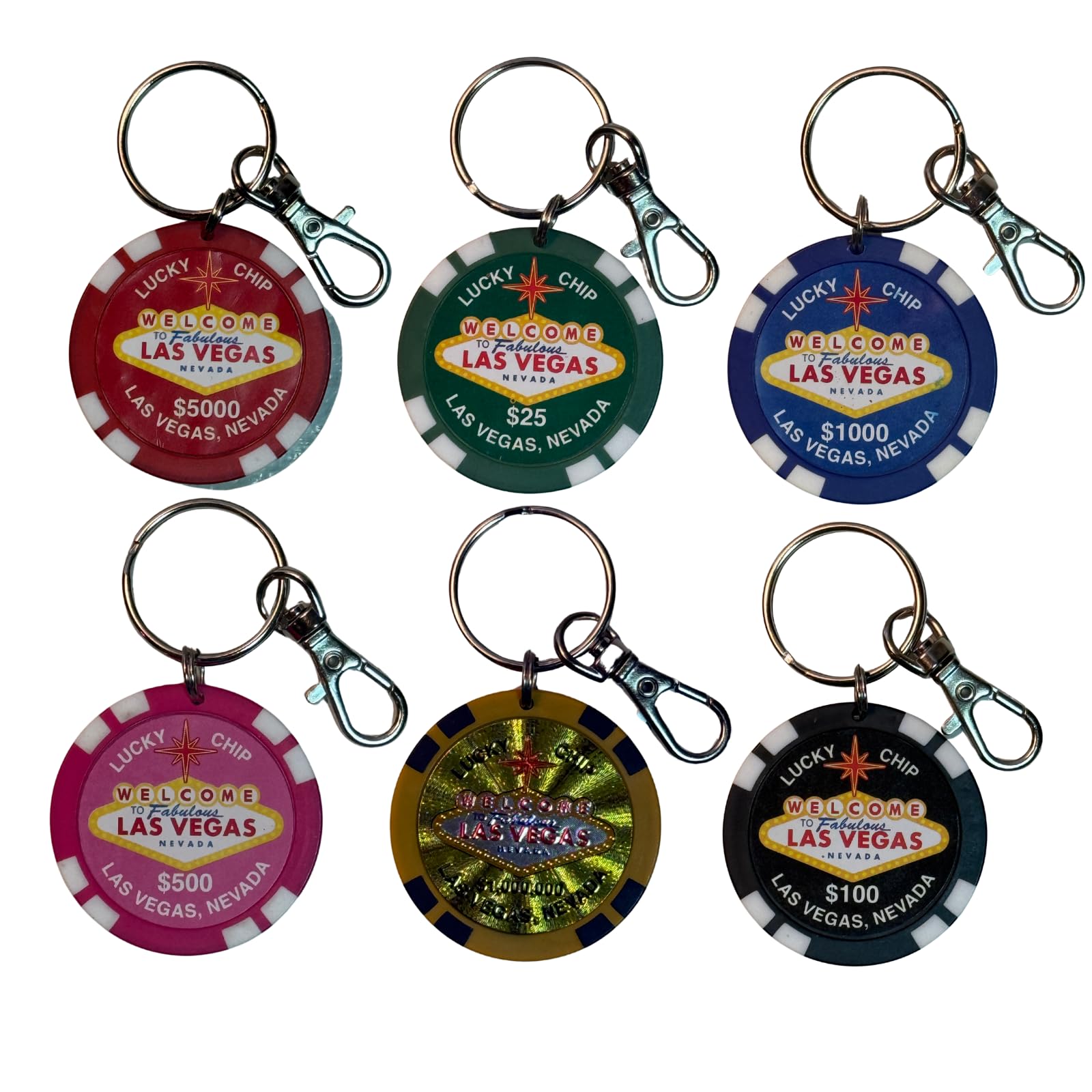 Las Vegas Poker Chip Keychain Set – 6 Pack Souvenir Gift - Casino Keychains, Gifts, Gold, 3"