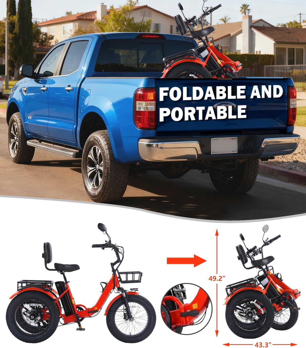 Electric Tricycle for Adults 750W(Peak 1350W) 48V15.6Ah Etrike 20"x4" Fat Tire Electric Trike 3-Wheel Aluminum Alloy Folding Electric Tricycle Max 25MPH Front & Rear Basket & Differential