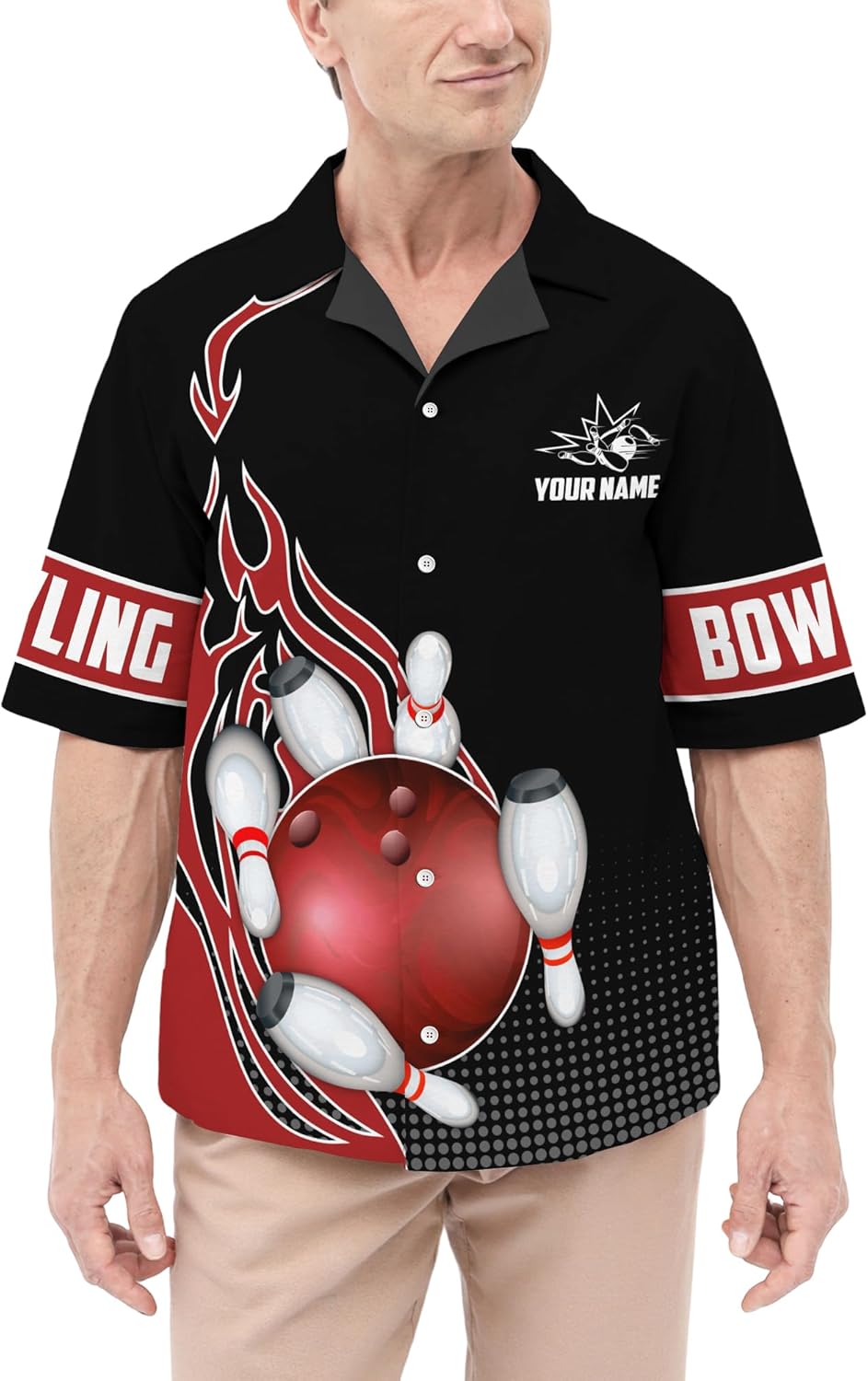 Custom Bowling Team Hawaiian Shirt 3D Button Down Shirt with Red Bowling Ball on Fire Graphic On it for Bowler