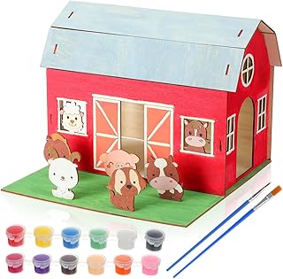 DIY Wooden Barn Painting Crafts Kit for Kids Paint Your Own Farm Barn with 5 Wooden Animals 12-Color Paint Set, Educational Learning Creative Toys for Girls Boys Birthday Gift Arts Crafts