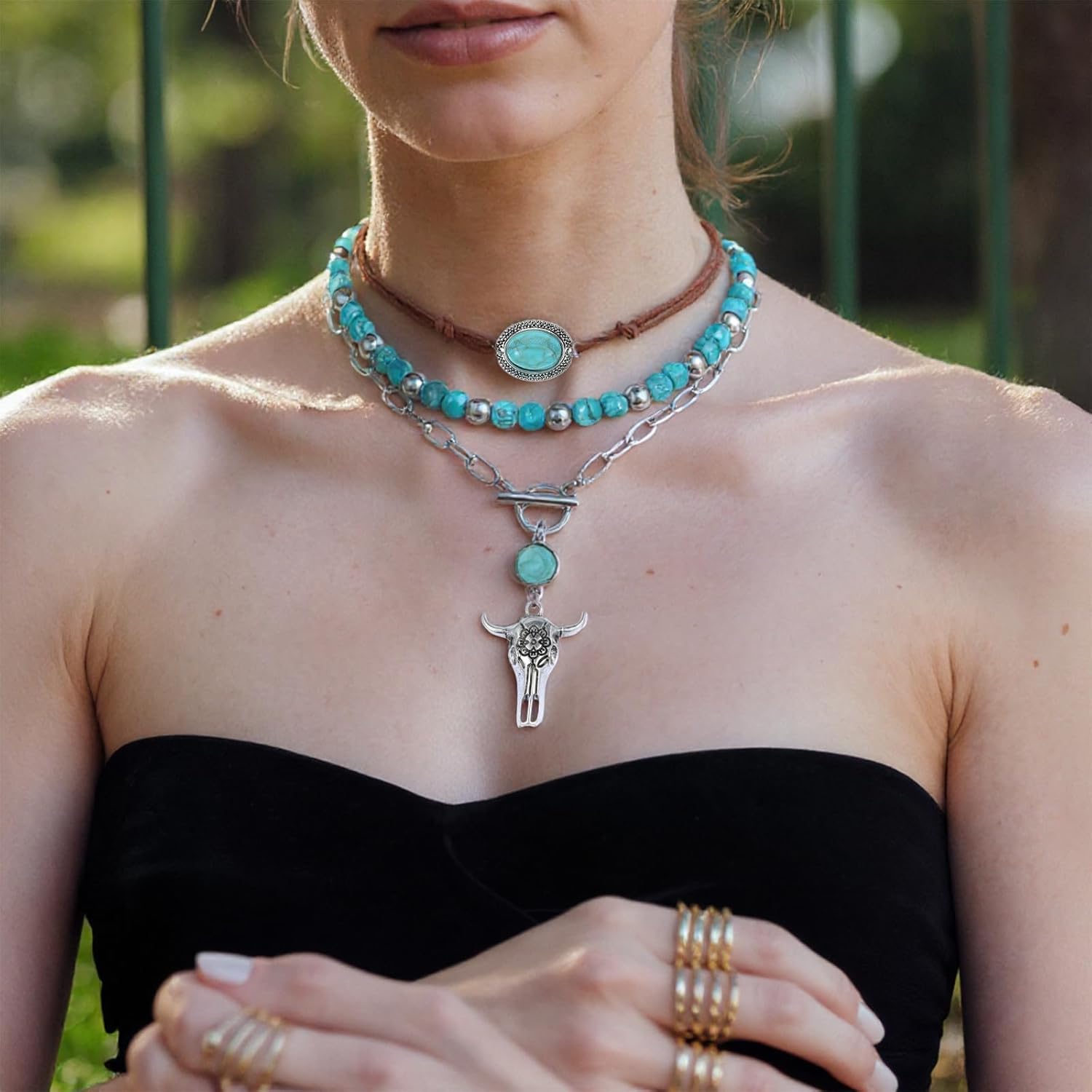 3 Pcs Layered Western Necklaces for Women Stackable Choker Green Trendy Cowboy Pendant Necklace Country Concert Jewelry Western Outfit Halloween Party Layered Statement Necklace for Cowgirl - Image 4