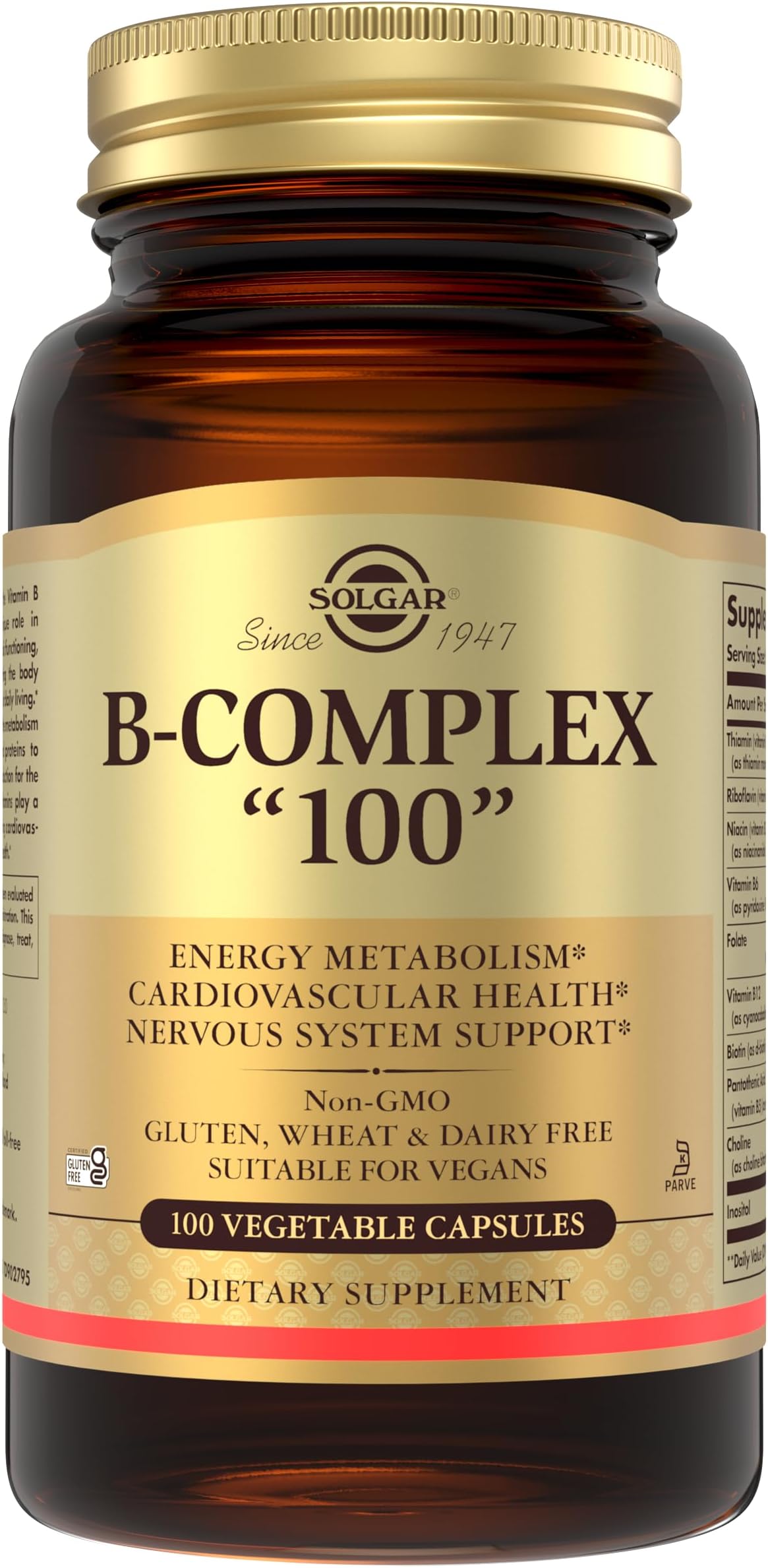 Solgar Vitamin B-Complex "100" Extra High Potency Vegetable Capsules - Pack of 100 - Supports Mental Performance and Reduces Fatigue - Vegan