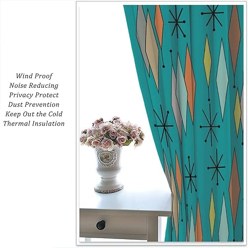 Miniatura 5 de Kazynee Cortinas opacas modernas de mediados de siglo con bolsillo para barra, fondo abstracto esmeralda con estampado geométrico de diamantes de