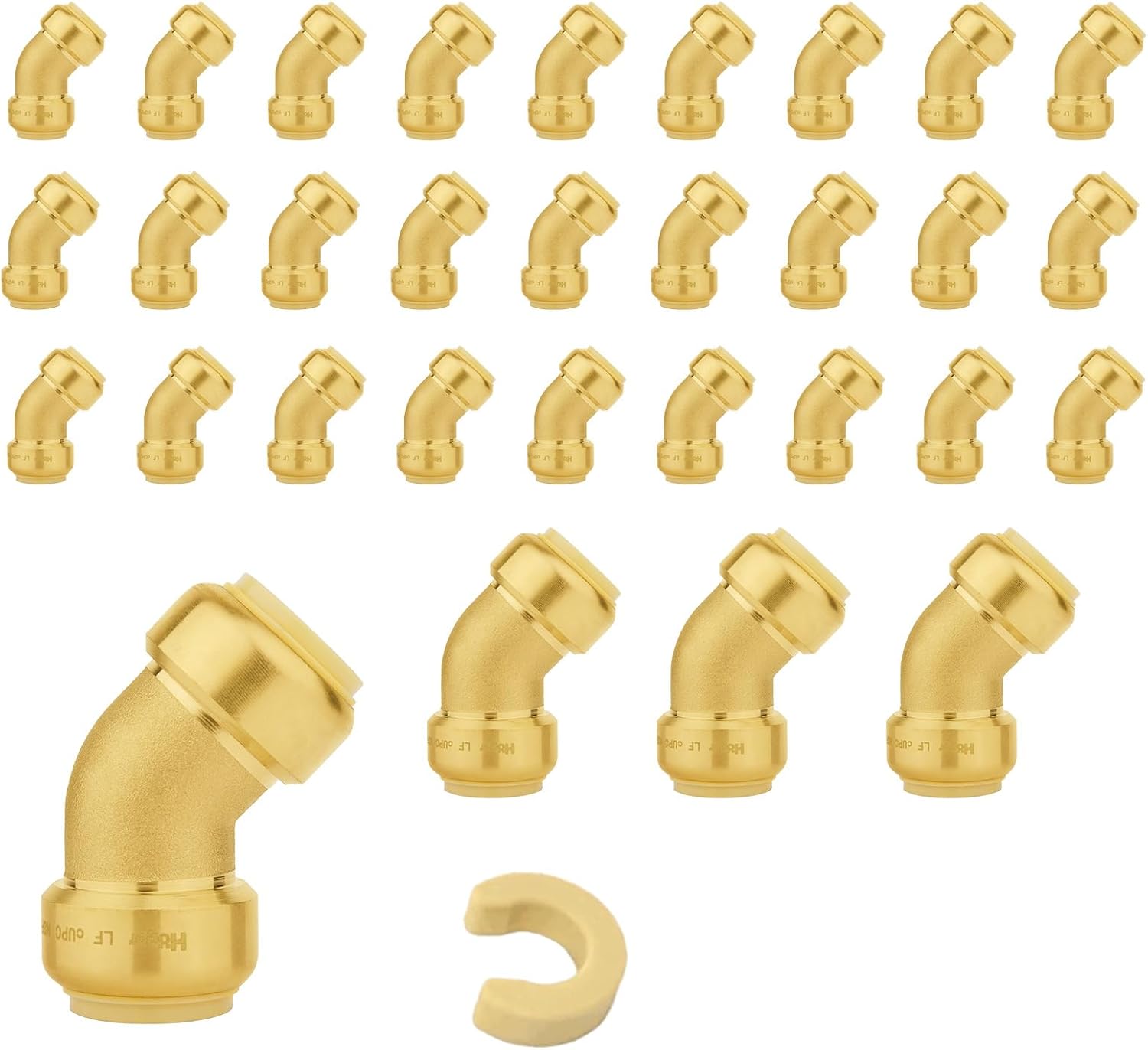 (Pack of 5) Seelink 1/2 Inch Push Fit 45-Degree Elbow Brass fitting, Push to Connect Pex, Copper, CPVC Pipe/Tubing, With Disconnect Clip
