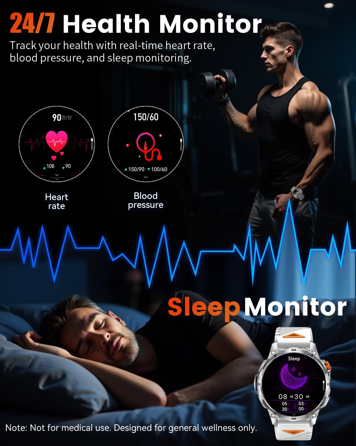 Military Smart Watch for Men, 1.7" HD Touchscreen, Bluetooth Call, 1200mAh Battery, Heart Rate/SpO2/BP, 110+ Sports Modes, 5ATM Waterproof for Android & iPhone