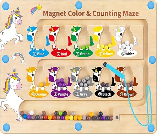 Juguetes Montessori para niños de 2 a 5 años, regalos de unicornios, juguetes magnéticos de madera para laberinto de colores y números, juguetes de
