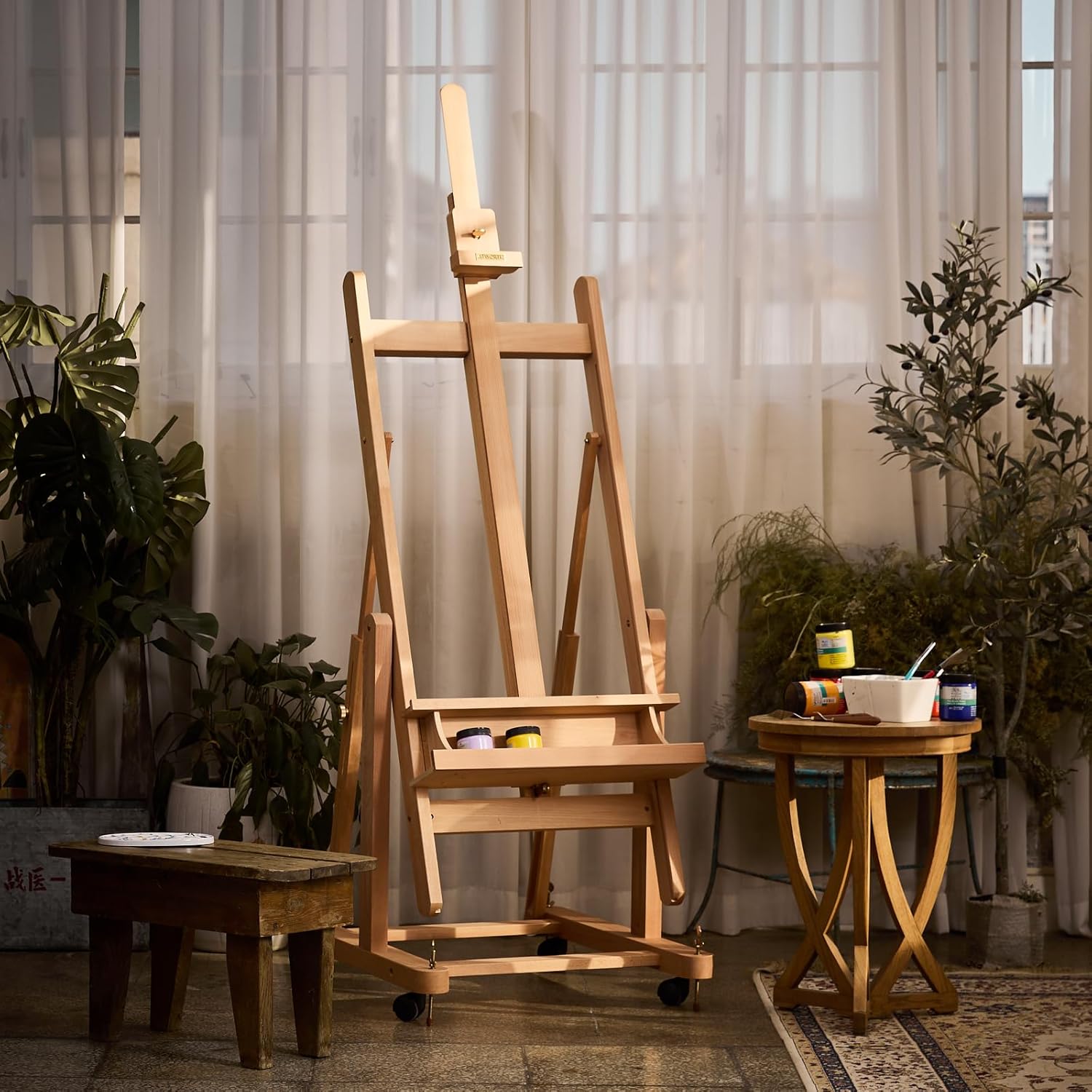 Heavy Duty H Frame Easel for Painting: Professional Beech Wood Artist Easel Stand with Upgrade Hardware- Hold Canvas up to 86”, Extra Large Floor Painting Easel for Adults with 4 Wheels