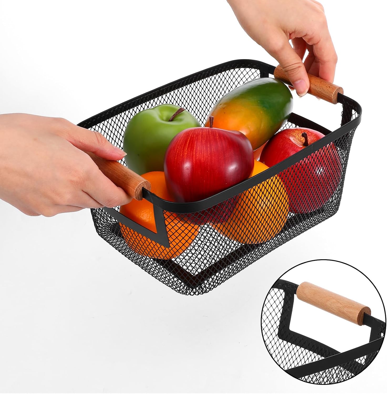 6-Pack Mesh Basket with Wood Handles - Durable Metal Basket for Pantry Storage, Kitchen Organization, Snack Fruit Vegetable Bins, Cabinet Closet Use - Black image 3