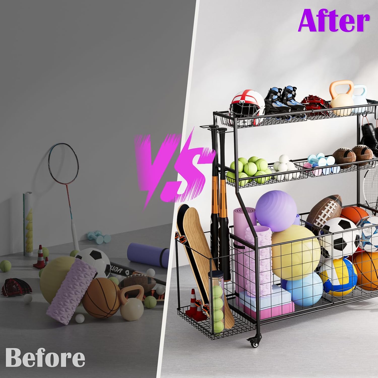 Sports Equipment Organizer, Outdoor Toy Storage - Garage Storage with 2 Side Racks & Removable Baskets, Heavy-Duty Garage Organization Ball Cart with Wheels for Sports