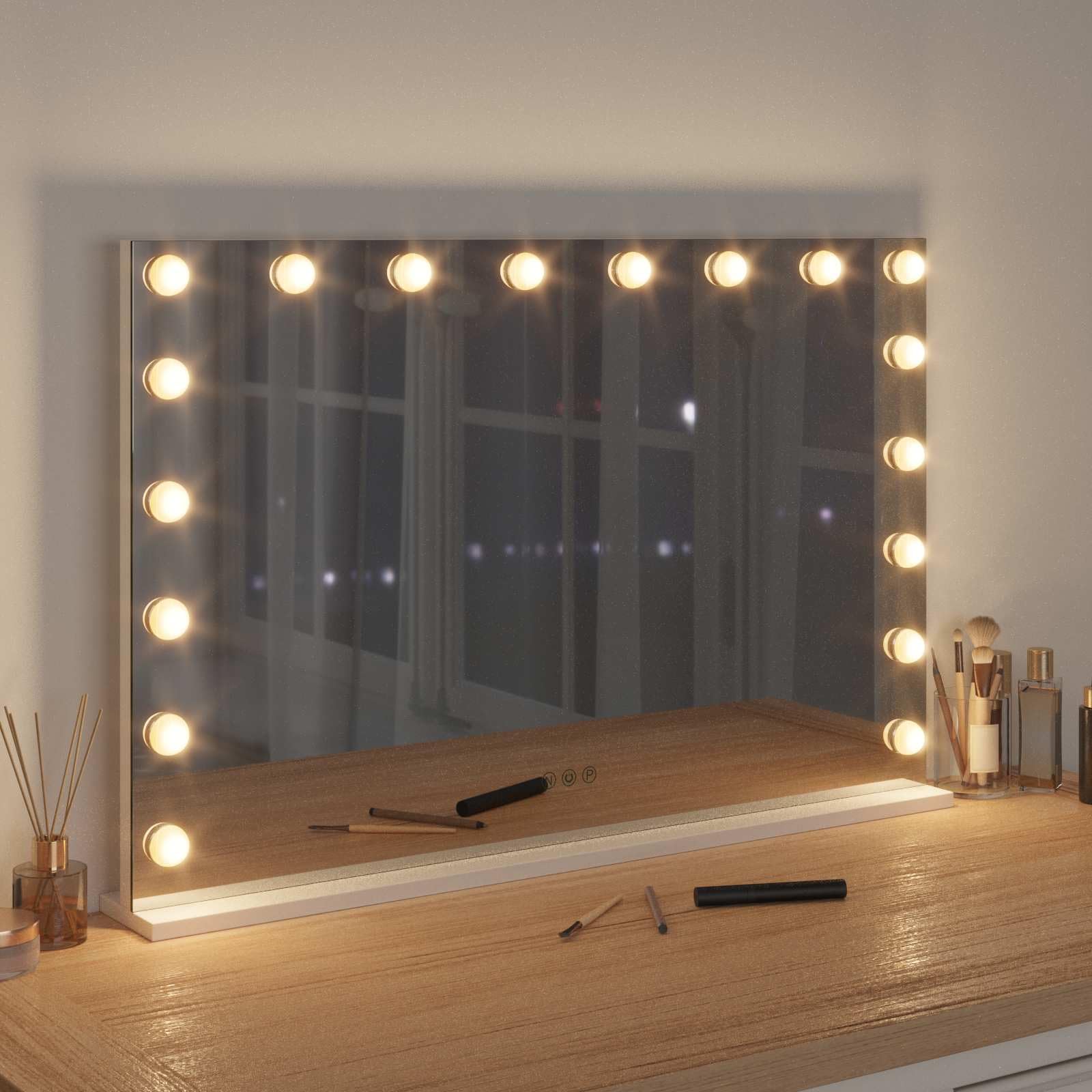 Lusterko do makijażu LED, białe, ze szkła i stali, 80 x 10 x 52,5 cm, z 3 trybami kolorów, możliwość ściemniania, sterowanie Smart Touch, antypoślizgowa podstawa, montaż na stole i na ścianie
