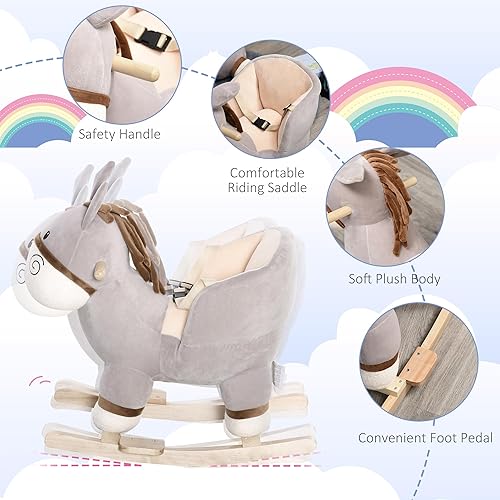 Miniatura 3 de Qaba Mecedora para niños, burro de caballo mecedora de felpa con sonido, asiento base de madera, cinturón de seguridad, juguete mecedor para bebés