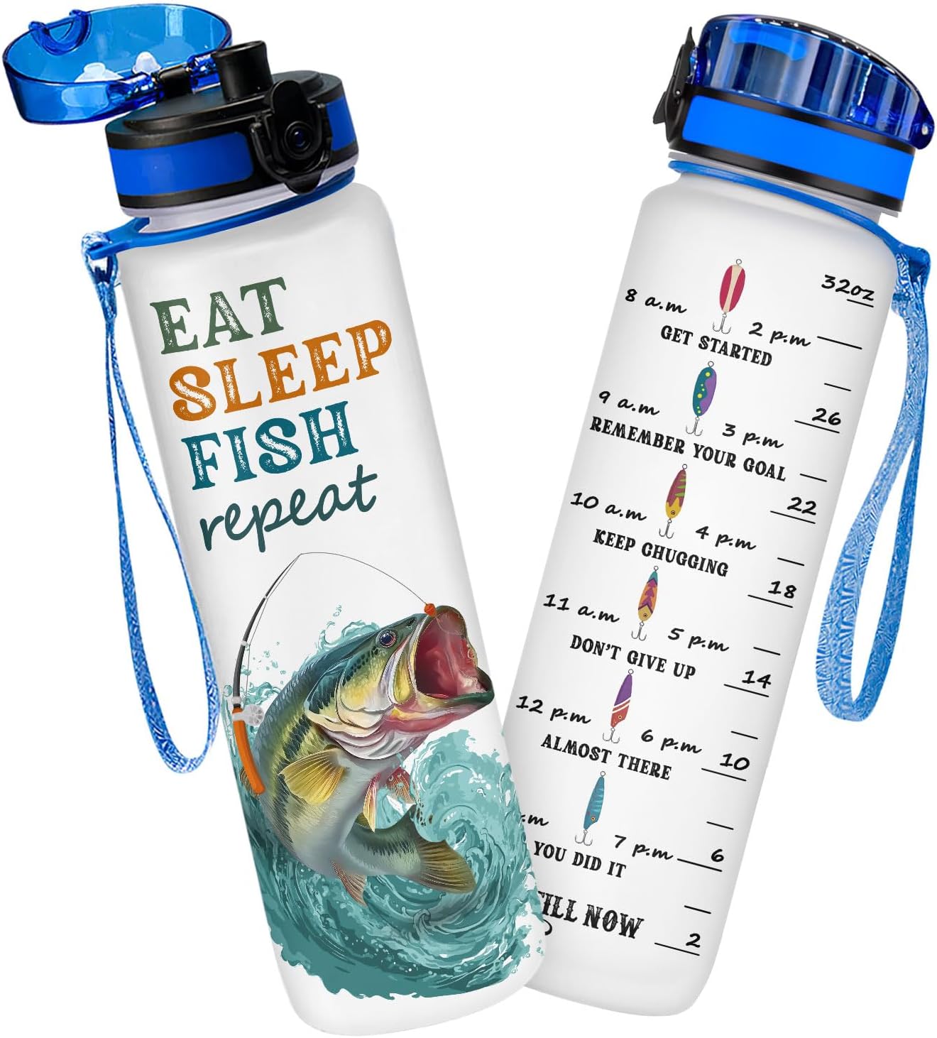 Fishing Water Bottle 32oz for Fisherman – Eat Sleep Fish Repeat Hydration Bottle with Time Marker, Funny Fishing Gift for Dad, Men