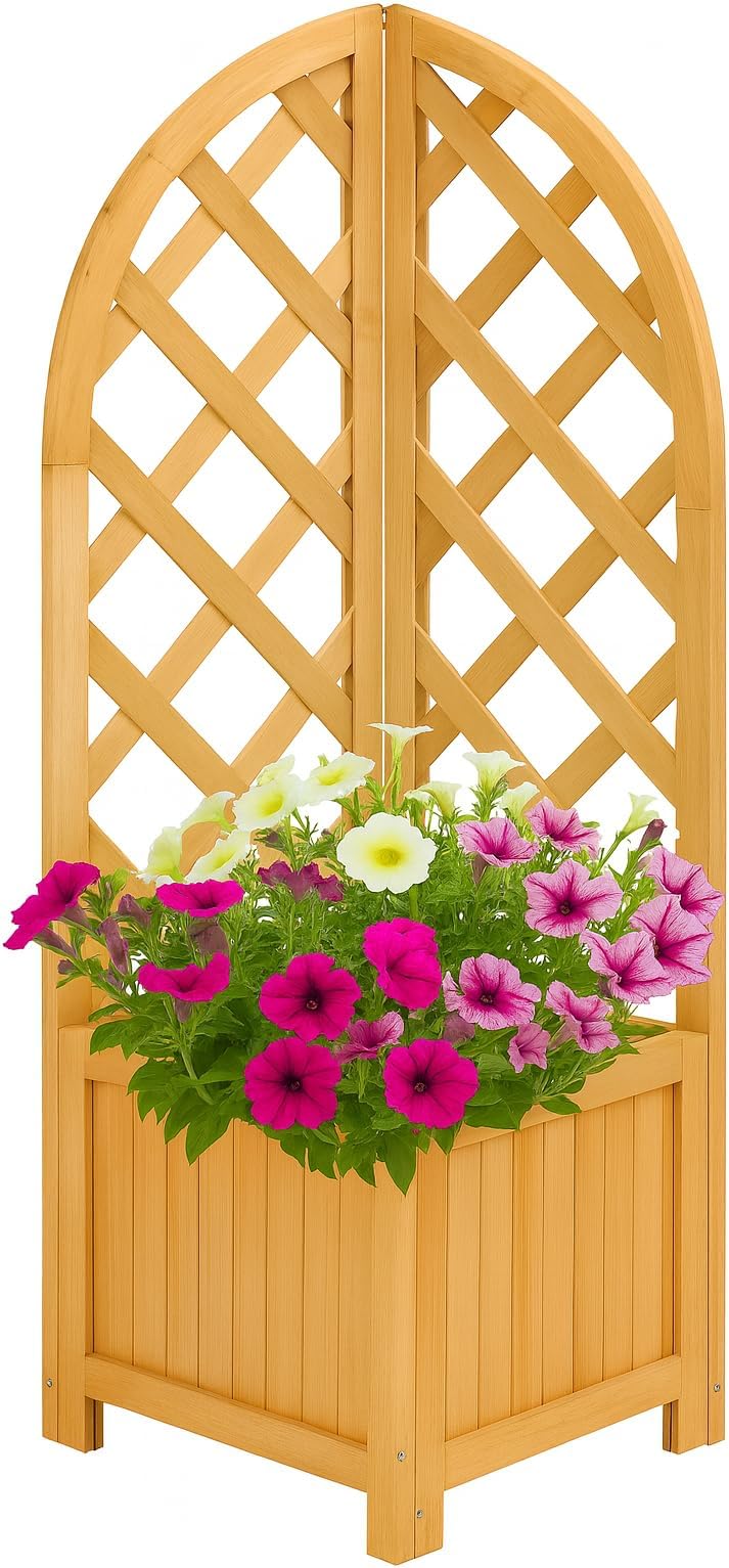 Wooden Corner Planter with Trellis – 112cm Triangular Space-Saving Raised Garden Bed, Natural Wood Flower Box for Outdoor & Indoor Use, Vines, Climbing Plants & Flowers