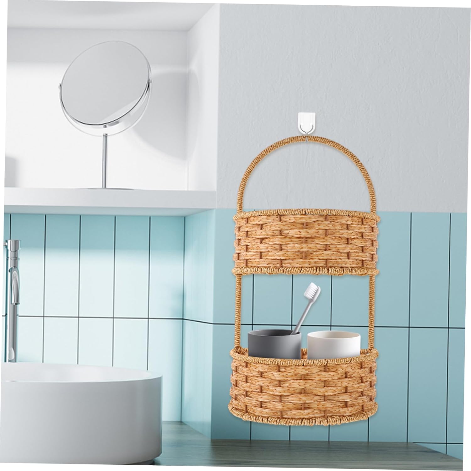 Cabilock Decorative Wall Hanging Storage Basket Woven Hanging Basket for Kitchen Bathroom Boho Style Pp Iron Material