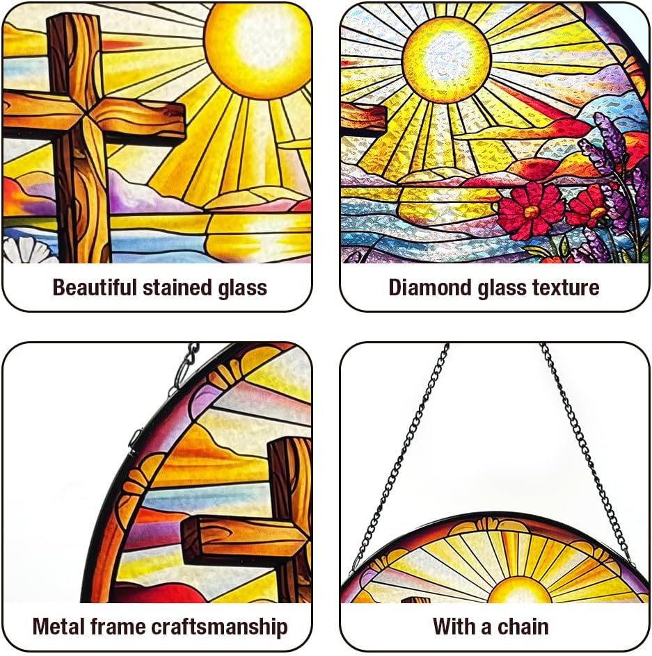 Cross and Wildflowers Stained Glass Suncatchers, 8 Inch Christian Stained Glass Suncatcher for Window Hanging Flower Cross Gift for Easter Mom Religious Christian Gifts Home Decor - Image 6
