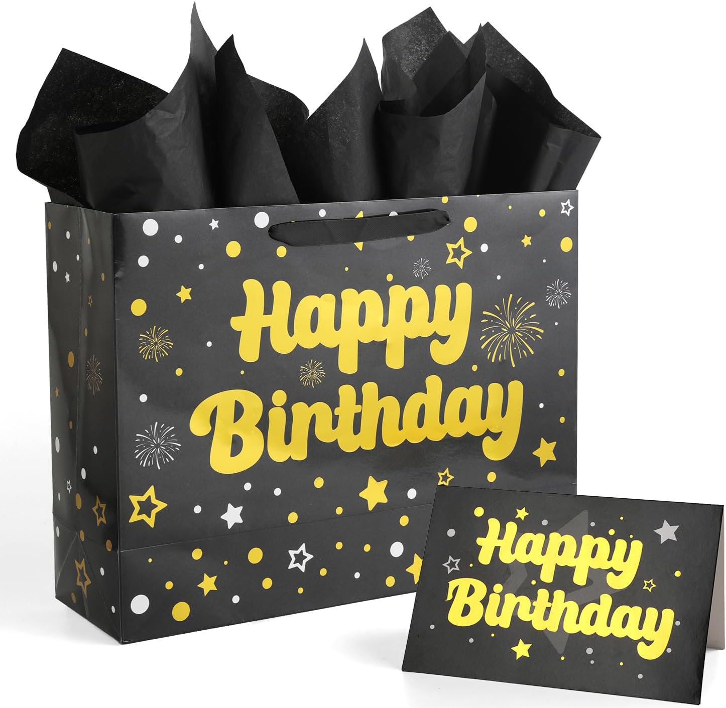 CEMECER 16.5” Extra Large Gift Bag Set with Handles, Black Gold Happy Birthday Bag, Greeting Card, Tissue Papers for Man Women Girls Boys Kids Party Supplies Decorations.(Black)