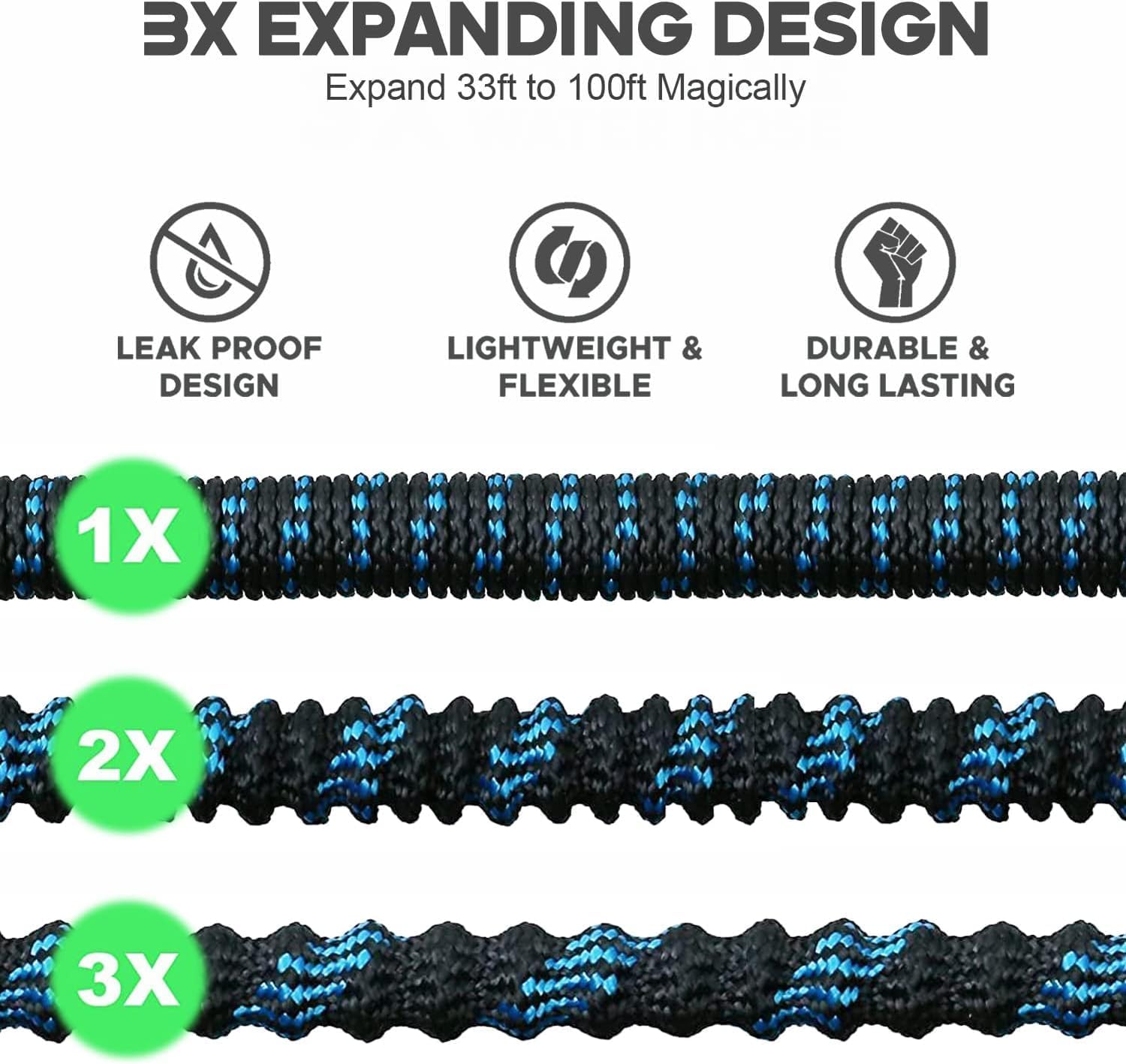 50 ft expandable garden hose - kink free flexible water hose with thumb-controlled 10-function nozzle, 3/4 solid brass connectors, retractable latex core - lightweight expanding hose