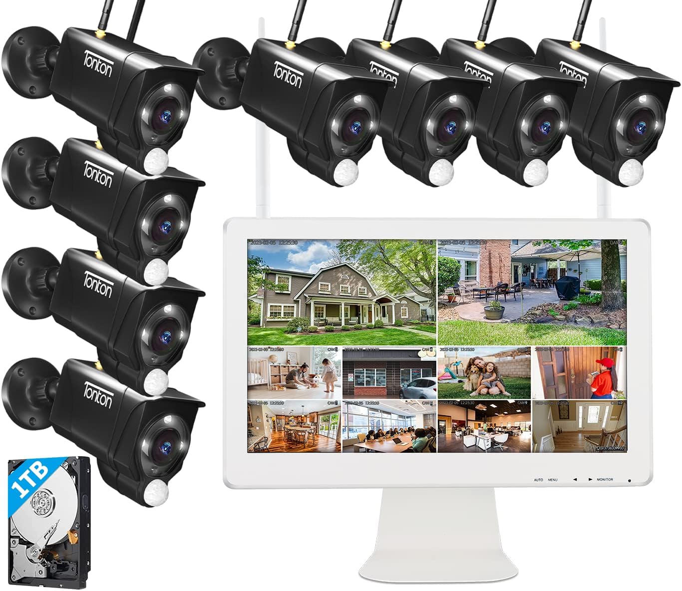 Tonton Wireless CCTV Camera System, 16" 10CH 5MP Security Surveillance System, (8) 3MP Outdoor IP Camera with PIR Motion Detection & Floodlight, Two-way Audio and Color Night Vision, 1TB HDD Included
